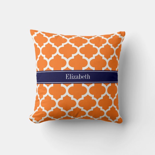 Pumpkin Wht Moroccan #5 Navy Blue Name Monogram Cushion (Front)
