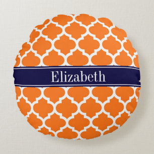 Pumpkin Wht Moroccan #5 Navy Blue Name Monogram Round Cushion