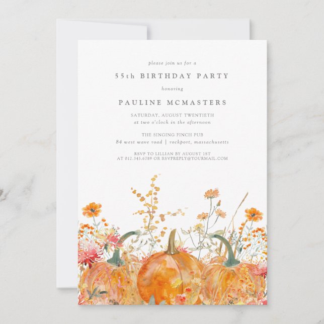 Pumpkin Wildflower Fall Watercolor 55th Birthday  Invitation (Front)