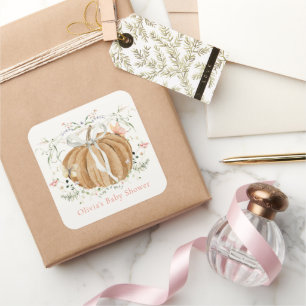 Pumpkin Wildflowers Butterflies Pink Baby Shower Square Sticker