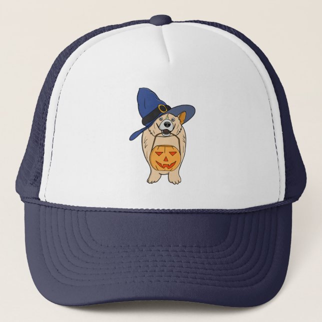 Pumpkin Witch Dog Trucker Hat (Front)
