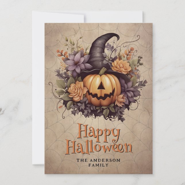 Pumpkin Witch Hat Cobweb Floral Halloween Card (Front)