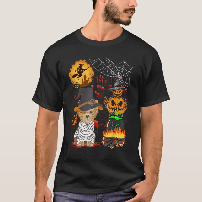 Pumpkin Witch Hat Yorkshire Terrier Halloween Dog T-Shirt (Front)