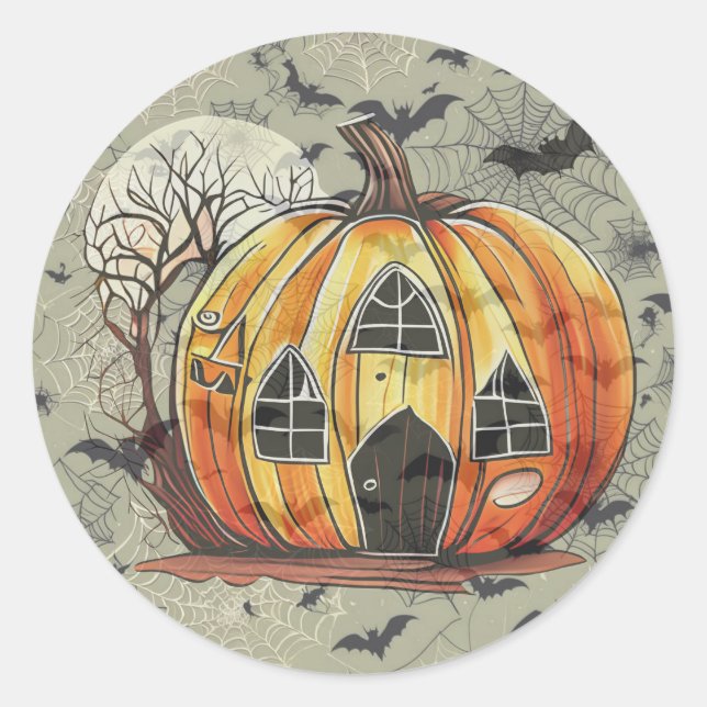 Pumpkin with Bats Mug Classic Round Sticker (Front)