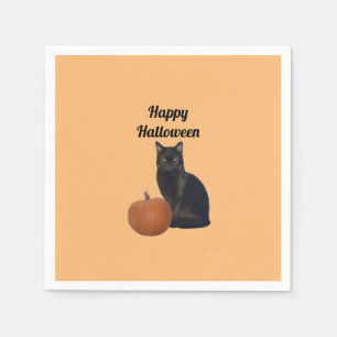 Pumpkin with Black Cat Happy Halloween Orange Napkin