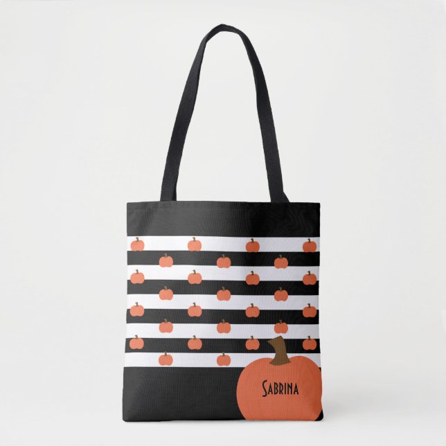 Pumpkin with Black & White Stripes - Personalised  Tote Bag (Front)