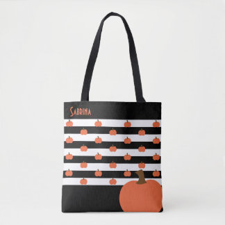Pumpkin with Black & White Stripes - Personalised Tote Bag