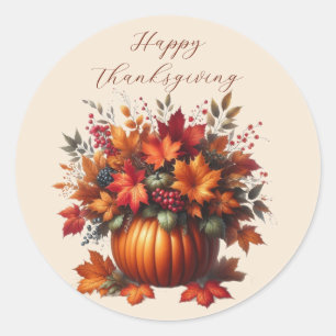 Pumpkin with Fall Leaves-Happy Thanksgiving Classic Round Sticker