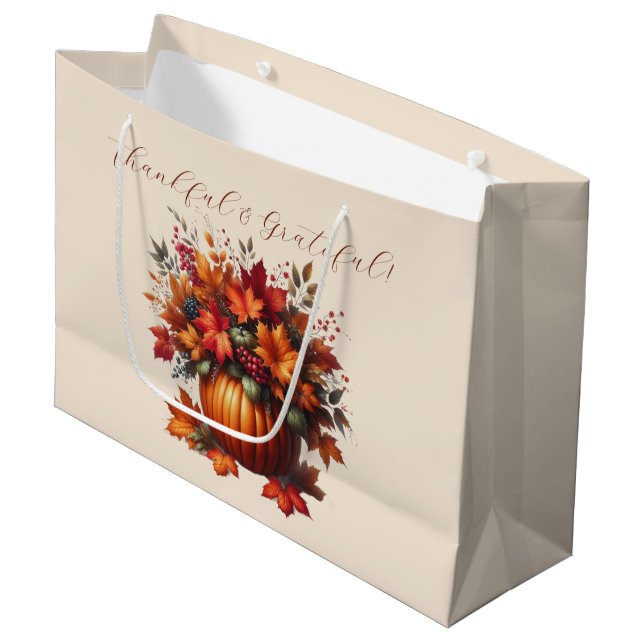 Pumpkin with Fall Leaves- Thanksgiving Large Gift Bag (Front Angled)