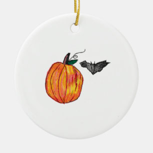 Pumpkin with Grey Bat  Ceramic Ornament