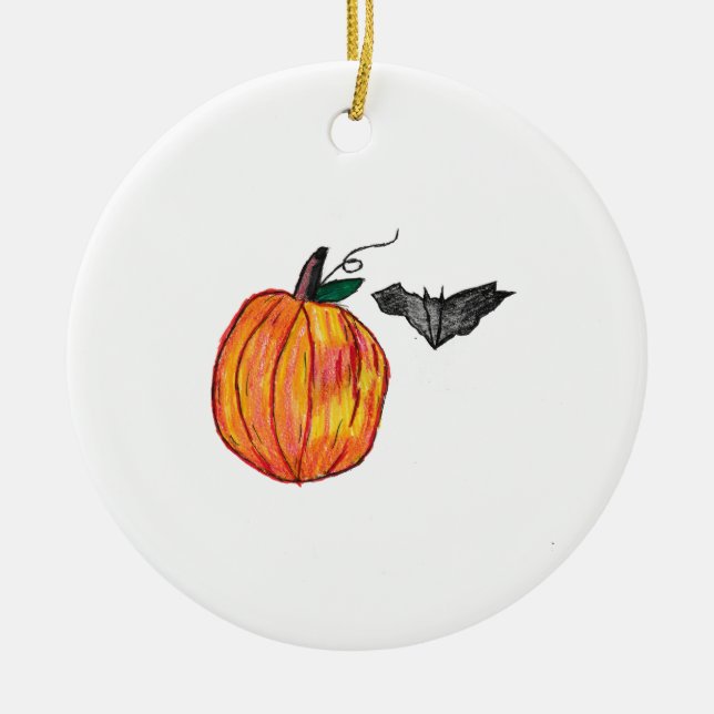 Pumpkin with Grey Bat  Ceramic Ornament (Front)