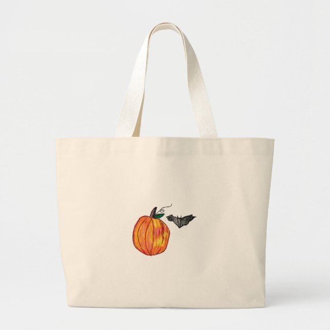Pumpkin with Grey Bat  Large Tote Bag (Front)
