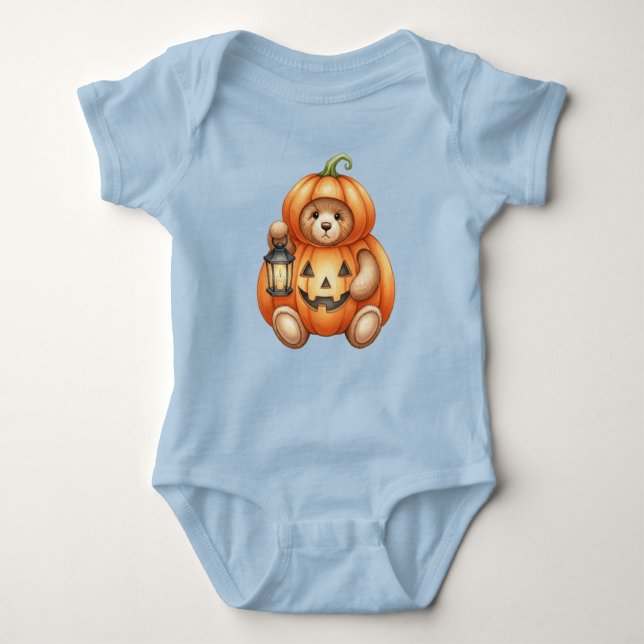  Pumpkin with Lantern, Teddy Bear, Halloween, Auth Baby Bodysuit (Front)