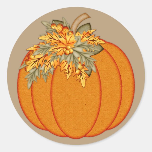 Pumpkin with Orange Autumn Leaves Classic Round Sticker (Front)