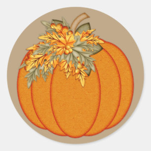 Pumpkin with Orange Autumn Leaves Classic Round Sticker