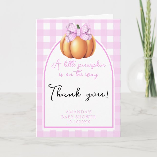 Pumpkin with pink bow arch baby shower thank you card (Front)