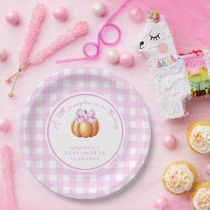 Pumpkin with pink bow in cage baby shower paper plate