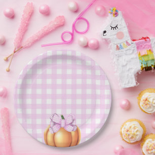 Pumpkin with pink bow in cage baby shower paper plate