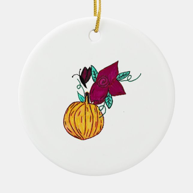 Pumpkin with Purple Butterfly  Ceramic Ornament (Front)