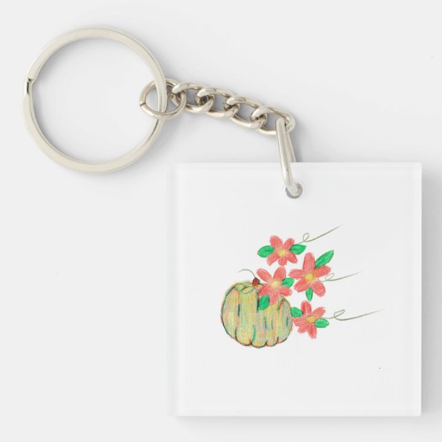 Pumpkin with Red Flowers Key Ring (Front)