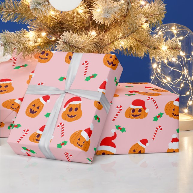 Pumpkin with santa claus hat wrapping paper (Holidays)