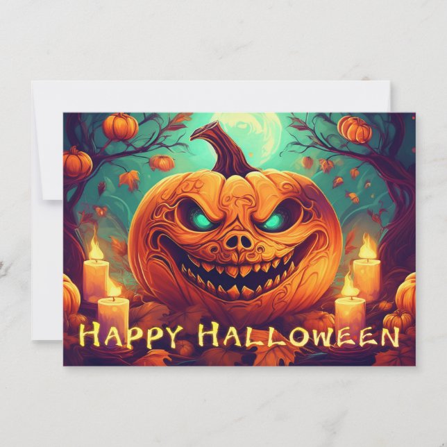 Pumpkin with Scary Face Among Candles, Halloween (Front)