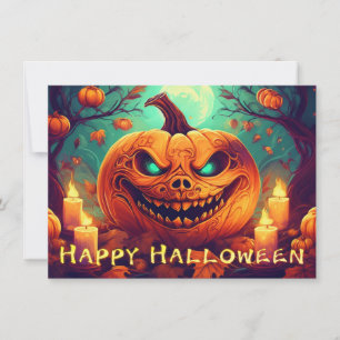 Pumpkin with Scary Face Among Candles, Halloween