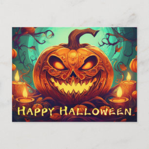 Pumpkin with Scary Face Among Candles, Halloween Holiday Postcard