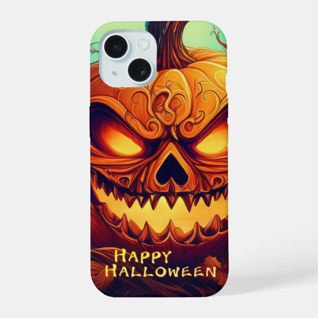 Pumpkin with Scary Face Among Candles, Halloween iPhone 15 Case (Back)