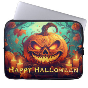 Pumpkin with Scary Face Among Candles, Halloween Laptop Sleeve