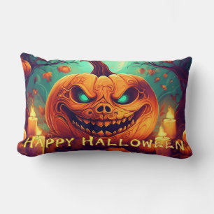 Pumpkin with Scary Face Among Candles, Halloween Lumbar Cushion