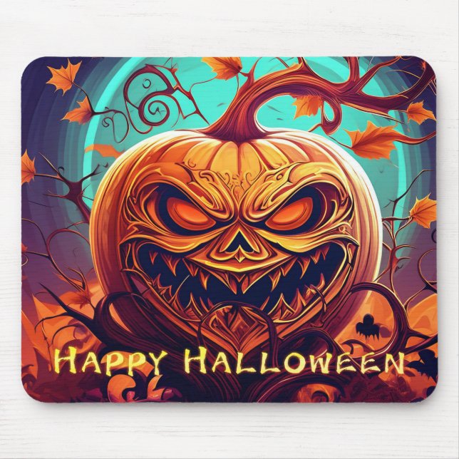 Pumpkin with Scary Face Among Candles, Halloween Mouse Pad (Front)