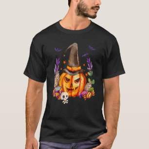 Pumpkin With Skull Witch Hat And Bats Halloween Me T-Shirt