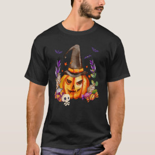 Pumpkin With Skull Witch Hat And Bats Halloween Me T-Shirt