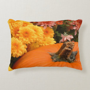 Pumpkin With Yellow And Coral Mums Decorative Cushion