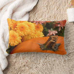 Pumpkin With Yellow And Coral Mums Lumbar Cushion
