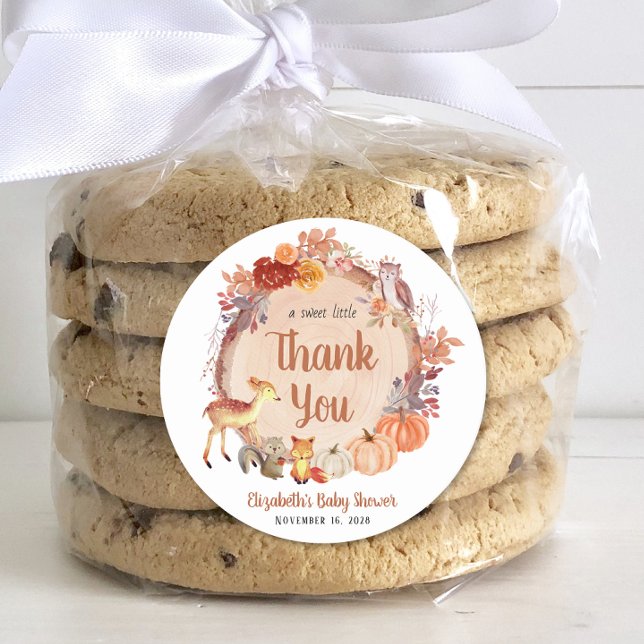 Pumpkin Woodland Animals Baby Shower Thank You Classic Round Sticker (Creator Uploaded)