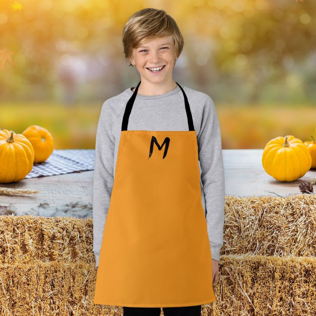 Pumpkin Yellow Stylish Simple Monogrammed Kitchen Apron (A bright pumpkin yellow apron with monogram initial, ideal for the Fall season and Thanksgiving)