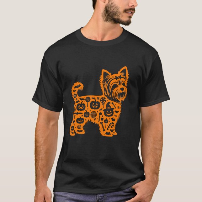 Pumpkin Yorkshire Terrier Candy Halloween Mens Wom T-Shirt (Front)