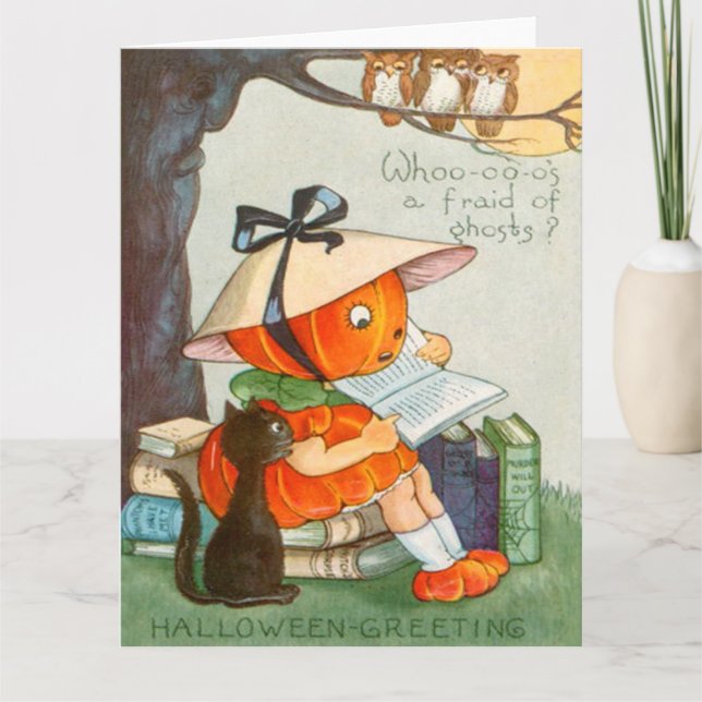 Pumpkinhead Black Cat Jack O Lantern Pumpkin Owl Card (Front)