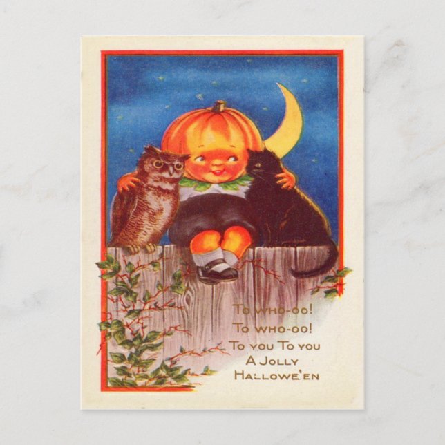 Pumpkinhead Owl Black Cat Crescent Moon Postcard (Front)