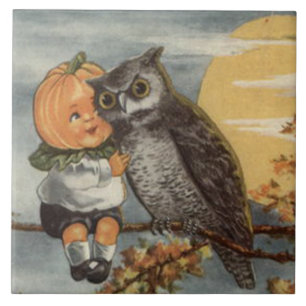 Pumpkinhead Owl Full Moon Tree Pumpkin Ceramic Tile