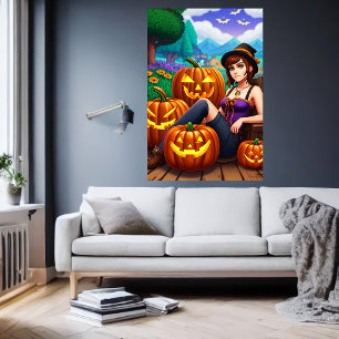 Pumpkins and a young lady AI Art Poster