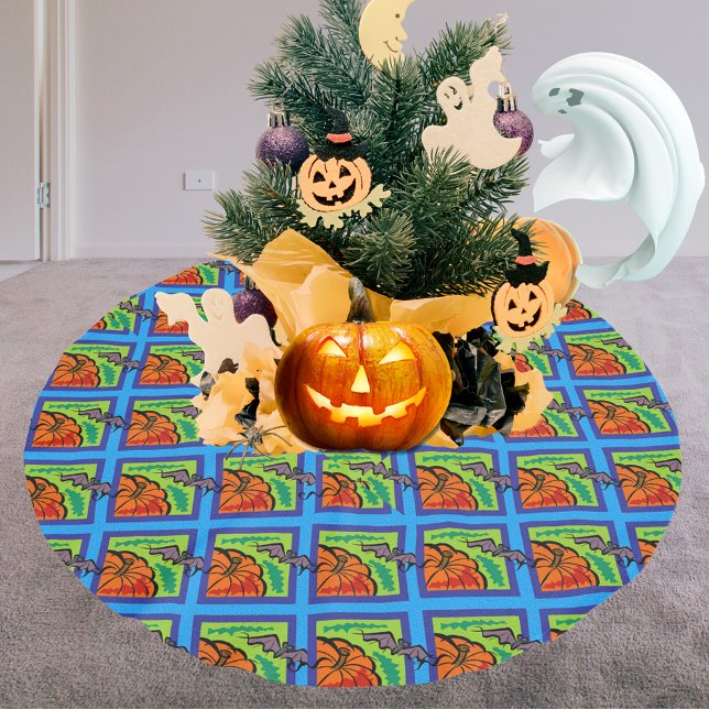 Pumpkins and Bats in Pattern, Name, Halloween, ZSG Brushed Polyester Tree Skirt (Pumpkins and Bats in Pattern, Name, Halloween, ZSG Brushed Polyester Tree Skirt)