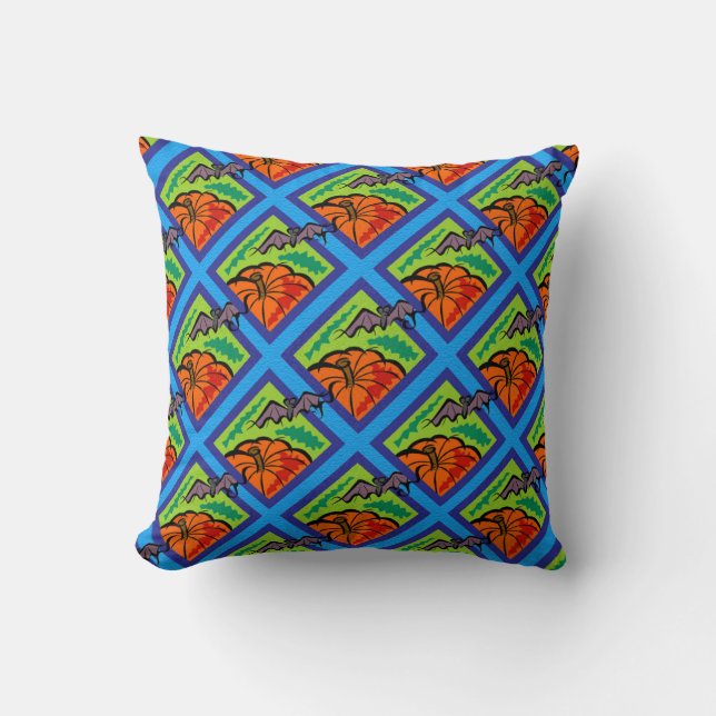 Pumpkins and Bats in Patterns of Green/Blue Cushion (Front)