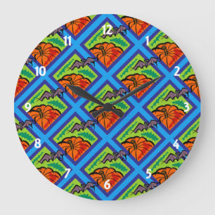 Pumpkins and Bats in Patterns of Green/Blue Large Clock