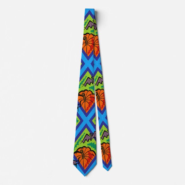 Pumpkins and Bats in Patterns of Green/Blue Tie (Front)