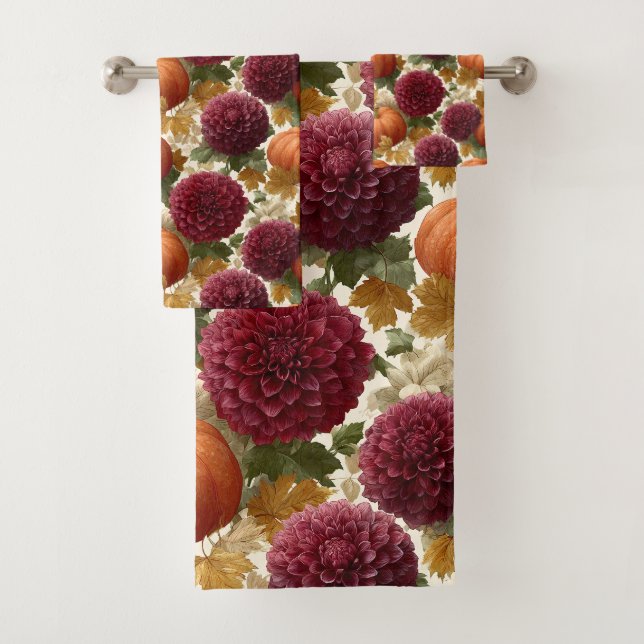 Pumpkins and Burgundy Autumn Blooms Bath Towel Set (Insitu)