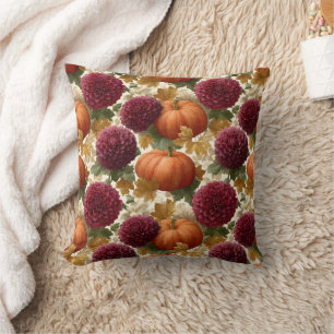 Pumpkins and Burgundy Autumn Blooms Cushion