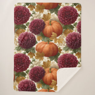 Pumpkins and Burgundy Autumn Blooms Sherpa Blanket